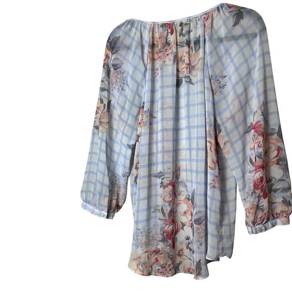 LC Lauren Conrad blue Floral Sheer Blouse XL Professional Career Workwear Office - Picture 5 of 8